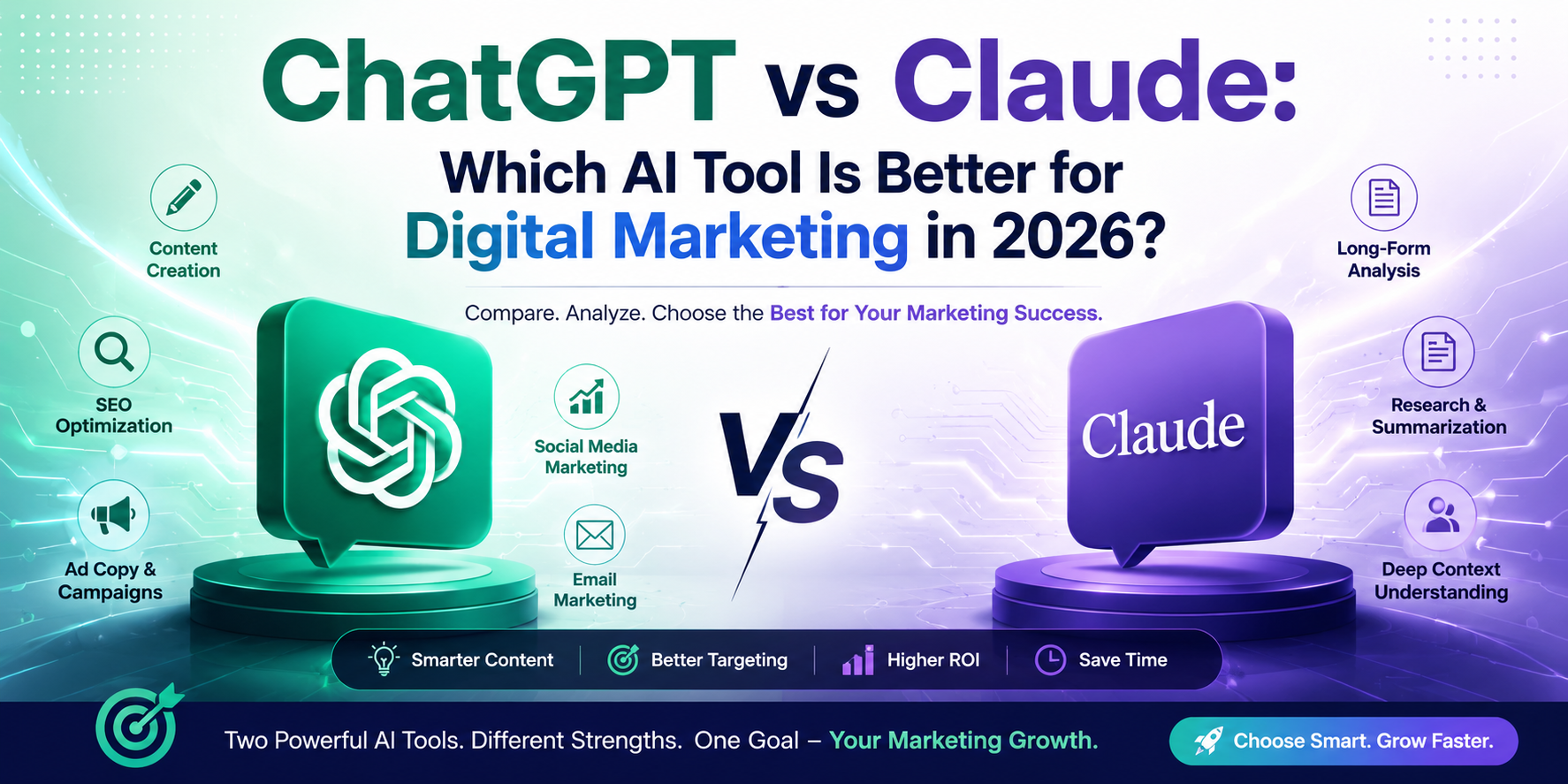 ChatGPT vs Claude comparison for digital marketing, SEO, content creation, and AI marketing tools in 2026